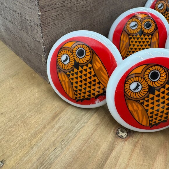 Owl vintage draw pulls knobs porcelain ceramic red orange black set of 13 made i - Picture 5 of 13
